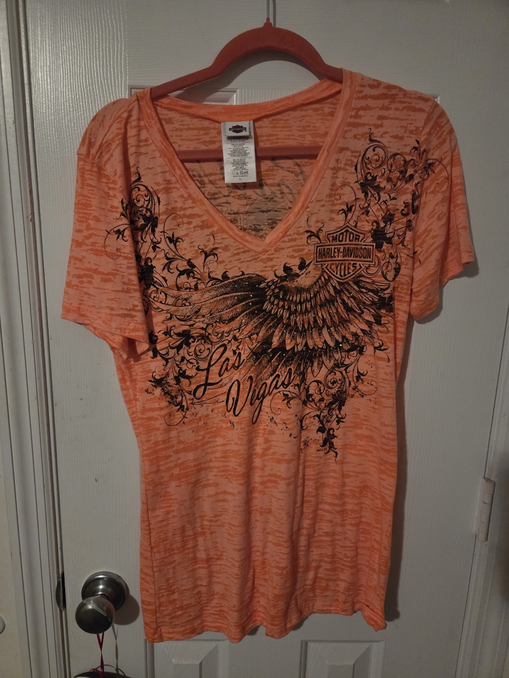 Harley-Davidson Women's Orange V-Neck Las Vegas Wing Graphic Tee